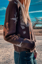 Brown Cowgirl Fashion Print Casual Sweater