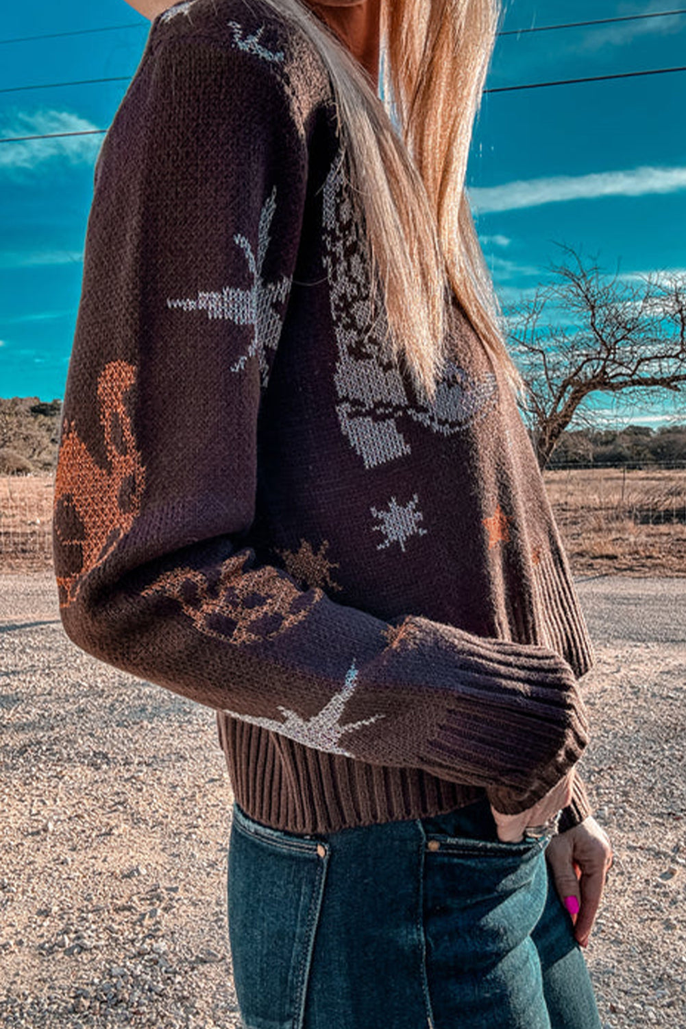 Brown Cowgirl Fashion Print Casual Sweater