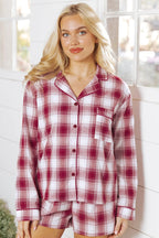 Red Retro Plaid Long Sleeve Shirt Drawstring Shorts 2pcs Lounge Set