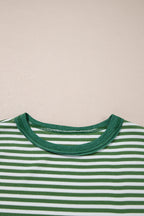 Green Stripe Thermal Knit Drop Shoulder Casual Top