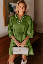 Jungle Green Contrast Stitched V Neck 3/4 Sleeve Tiered Mini Dress