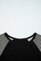 Black Contrast Print Striped Raglan Long Sleeve Loose Top