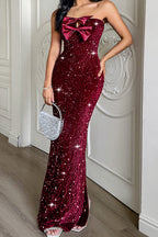 Red Dahlia Satin Bow Decor Sequin Strapless Long Party Dress