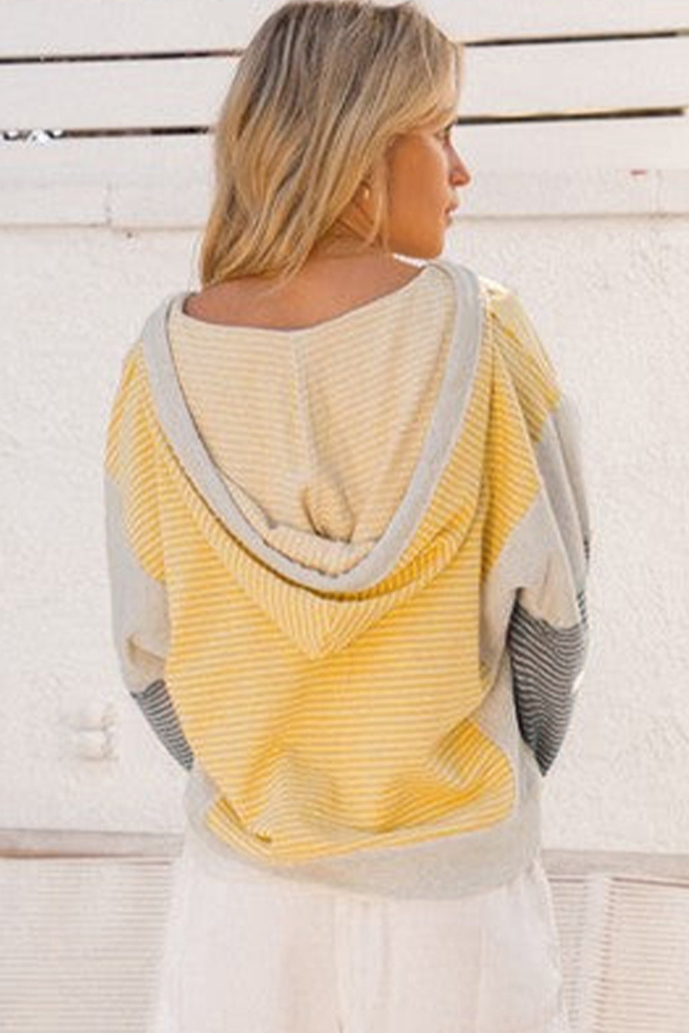 Yellow Stripe Color Block Drawstring V Neck Loose Fit Hooded Top