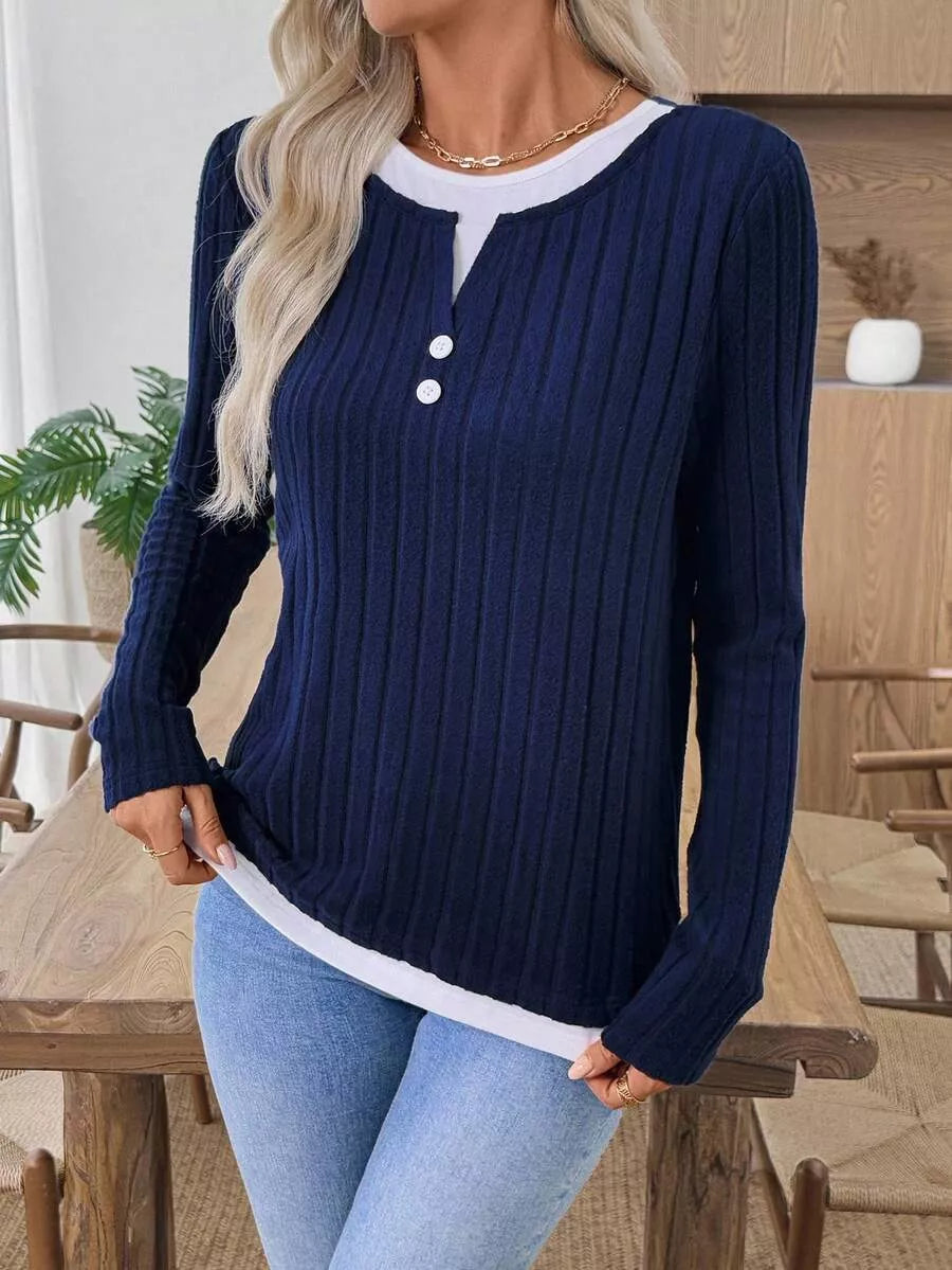 Ribbed Knit Long Sleeve Henley T-Shirt