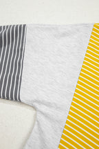 Yellow Stripe Color Block Drawstring V Neck Loose Fit Hooded Top