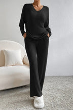 Women's Ribbed V-Neck Top and Pants Loungewear Set - Comfortable & Stylish