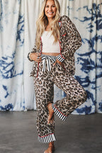 Khaki Leopard Print Colorblock Striped Edge Shirt and Pants Pajama Set