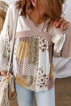 White Floral Printed Contrast Patchwork Long Sleeve Top