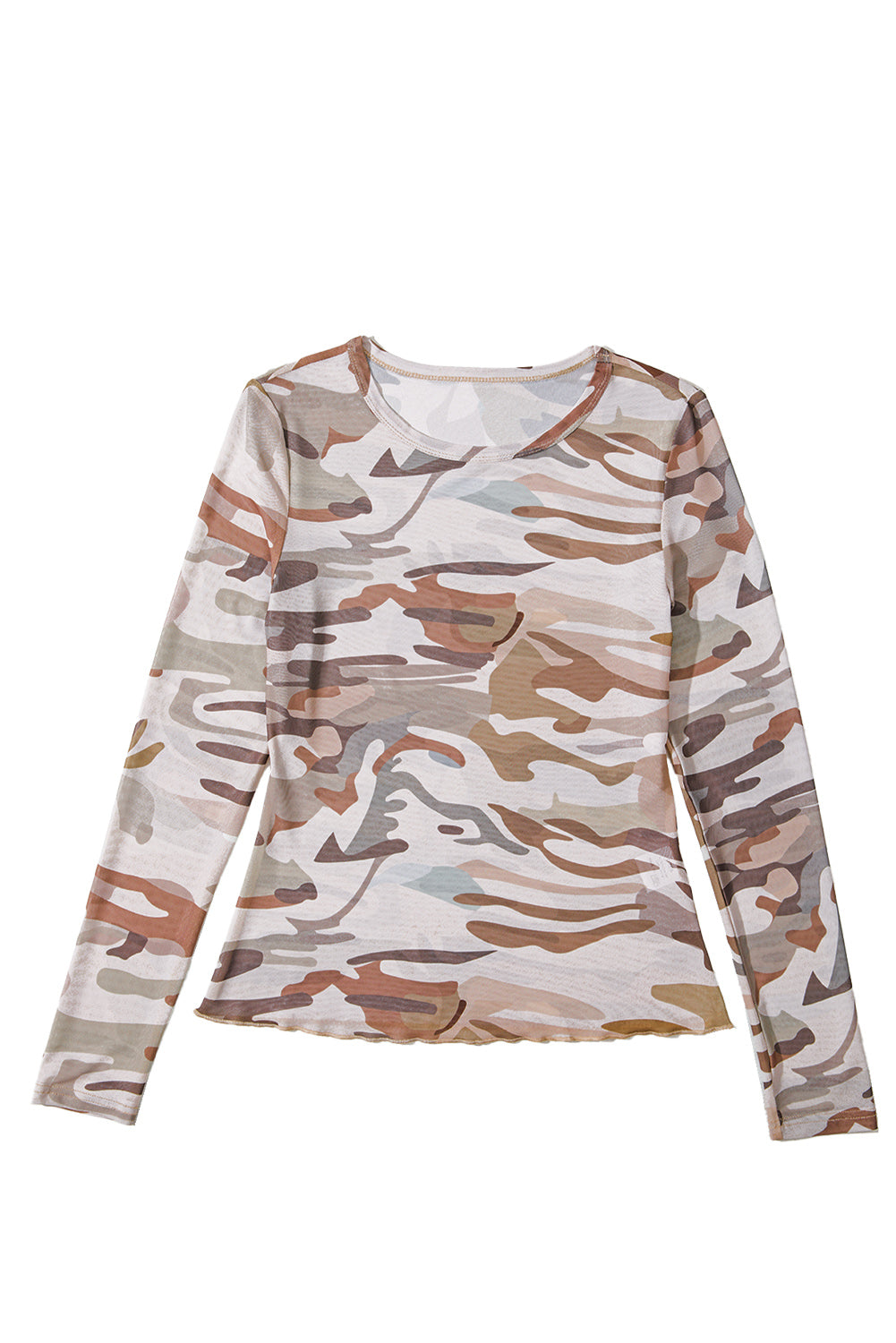 Green Western Fashion Camouflage Print Mesh Long Sleeve Top