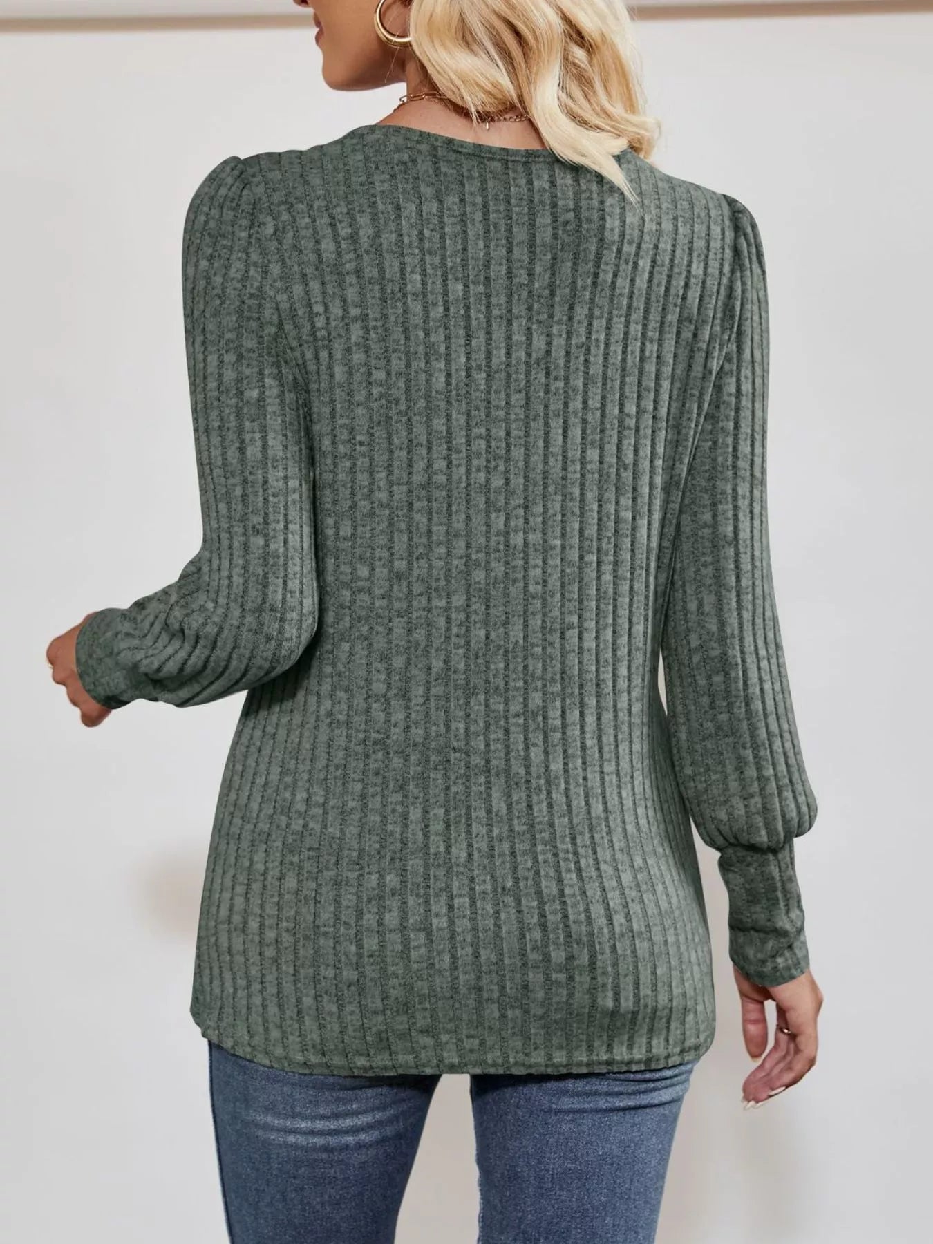 Ribbed Knit Slit Long Sleeve T-Shirt