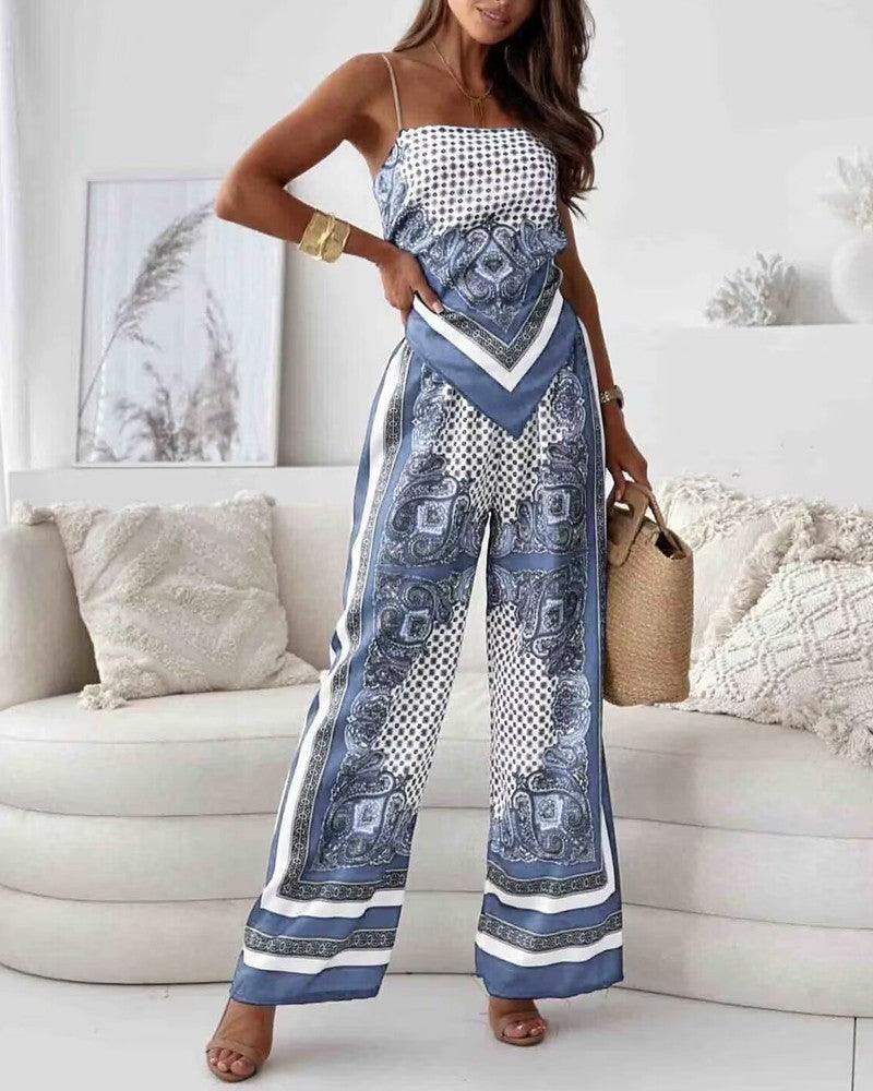 Chic Printed Lace-Up Vest & Pants Set - Two-Piece Casual Outfit for Daily, Holiday, and Going Out