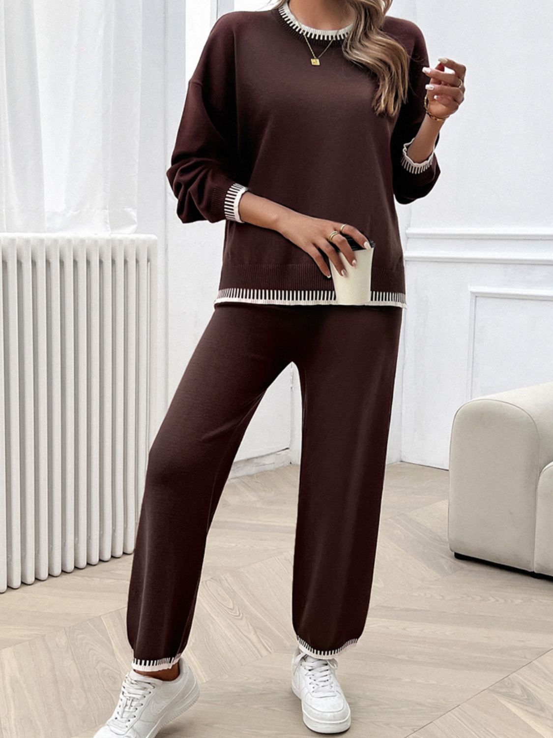 Blue Zone Planet |  Round Neck Dropped Shoulder Top And Pants Sweater Set
