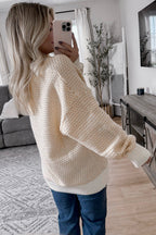 Oatmeal Contrast Ribbed Detail Henley Button Drop Shoulder Sweater