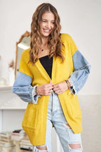 ADORA Full Size Frayed Denim Sleeve Sweater Cardigan Plus Size