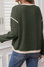 Four Leaf Clover Contrast Color Trim Knit Drop Shoulder Loose Top