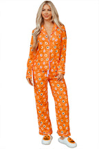Orange Halloween Print Lapel Shirt Long 2pcs Pajama Set