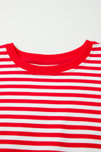 Red Stripe Exposed Seam Drop Shoulder Casual Pullover Top