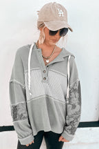 Gray Waffle Printed Patchwork Drawstring Hooded Long Sleeve Top