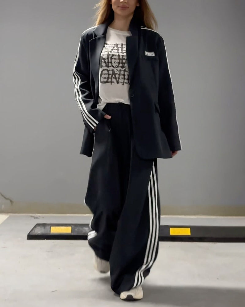Chic Striped Blazer and Wide Leg Pants Two-Piece Set - Perfect for Daily, Holiday, and Going Out