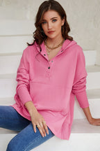 Pink Batwing Sleeve Pocketed Henley Hoodie