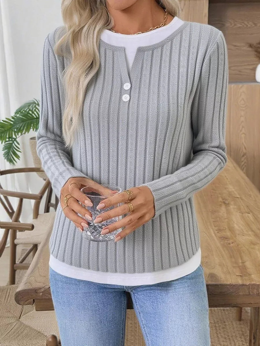 Ribbed Knit Long Sleeve Henley T-Shirt