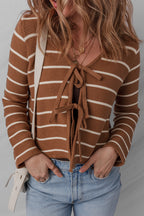 Chestnut Tie Front Striped Knit V Neck Cardigan Sweater
