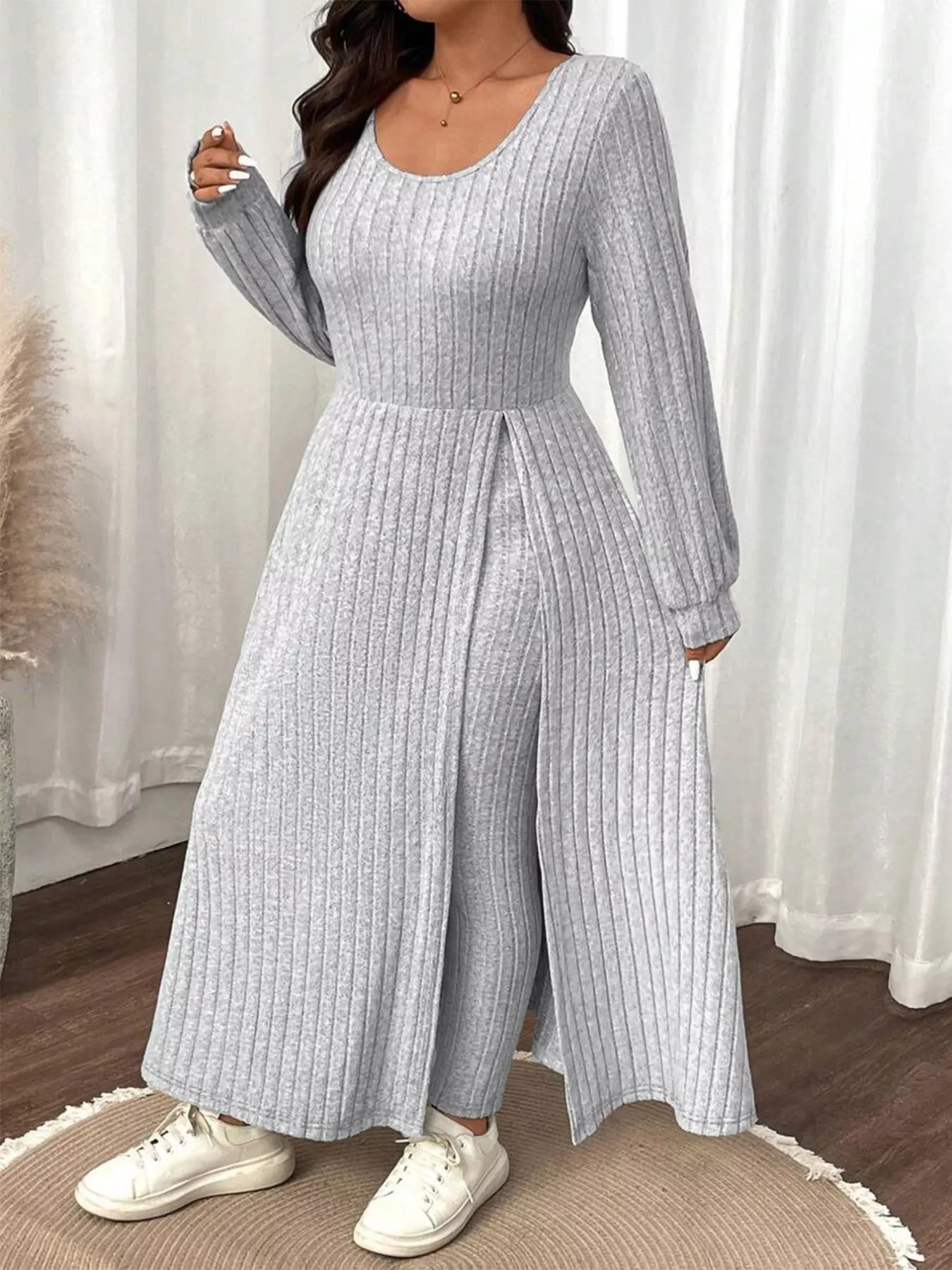 Plus Size Ribbed Knit Long Sleeve Split Dress & Leggings Set