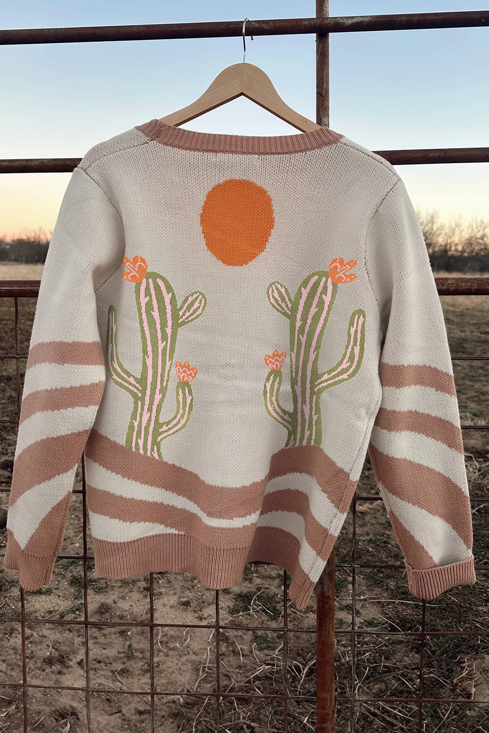 Apricot Western Desert Cactus Print Plus Size Button Cardigan Sweater