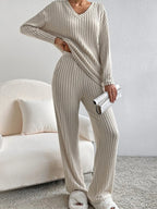 Ribbed Knit V-Neck Top and Pants Lounge Set