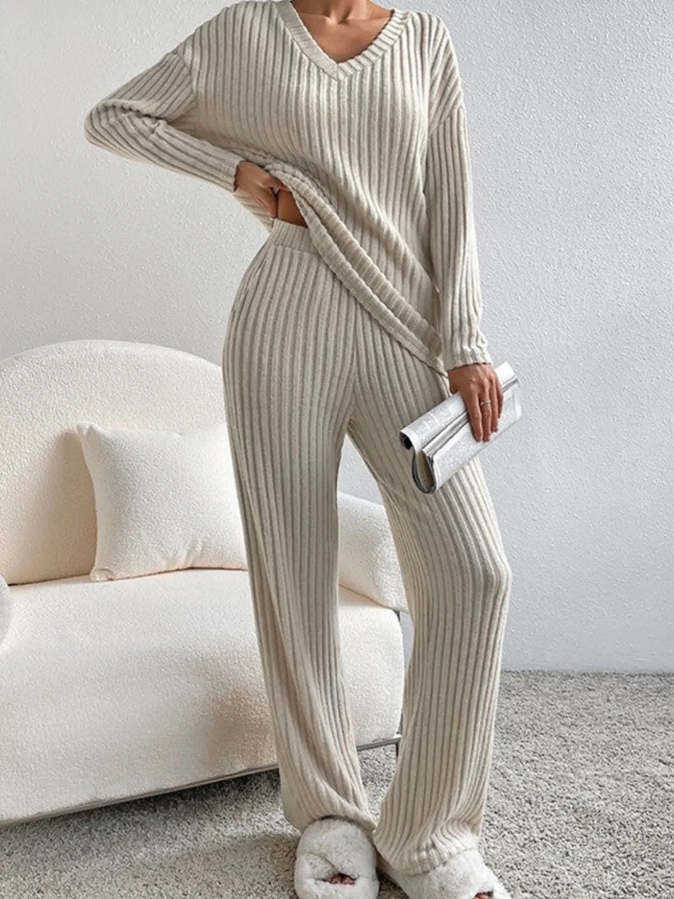 Ribbed Knit V-Neck Top and Pants Lounge Set