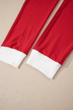 Fiery Red Contrast Trim Button V Neck Ribbon Bow Knot Waist 2pcs Lounge Pant Set