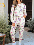 Floral Print Round Neck Top and Drawstring Pants Lounge Set