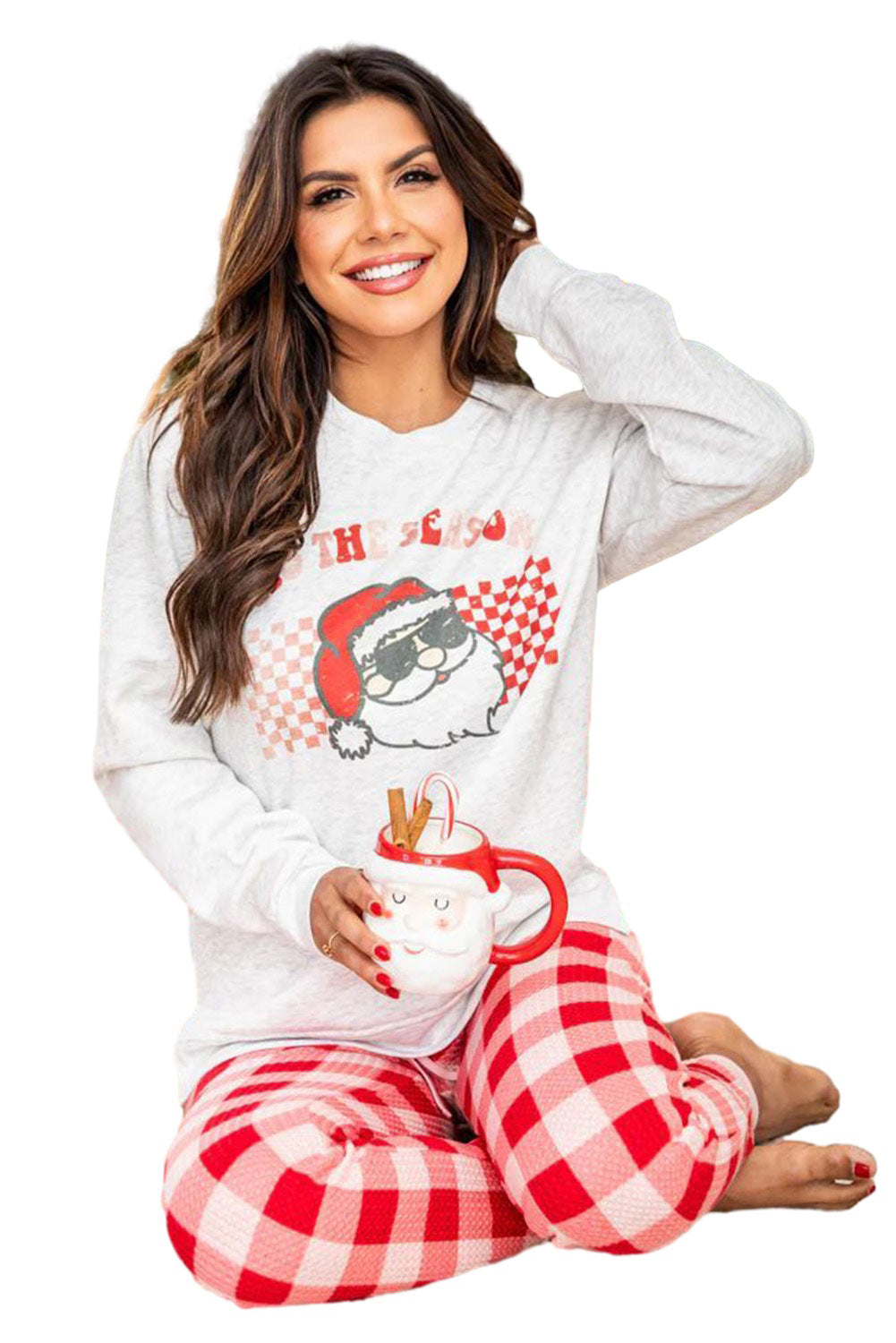 Cozy Multicolor Christmas Claus Graphic Top & Plaid Pants Lounge Set for Women
