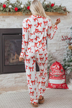 Festive Red Bow Print Long Sleeve 2-Piece Pajama Set for Christmas