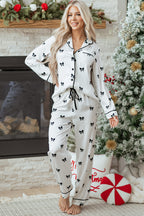 Elegant White Bows Print Two-Piece Sleepwear Set - Long Sleeve Collar Top & High Waist Pants