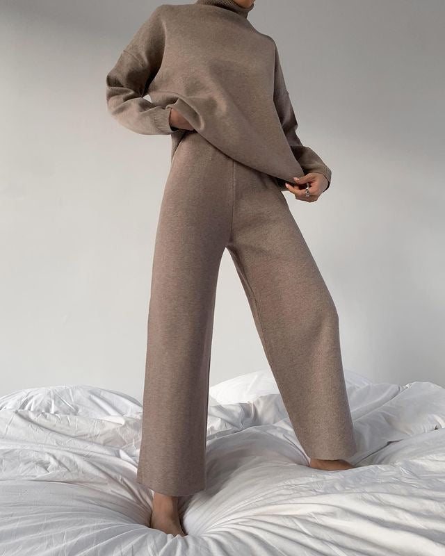 Chic Solid Color Loose Casual Knitted Two-Piece Suit - Long Sleeve Top & Pants Set