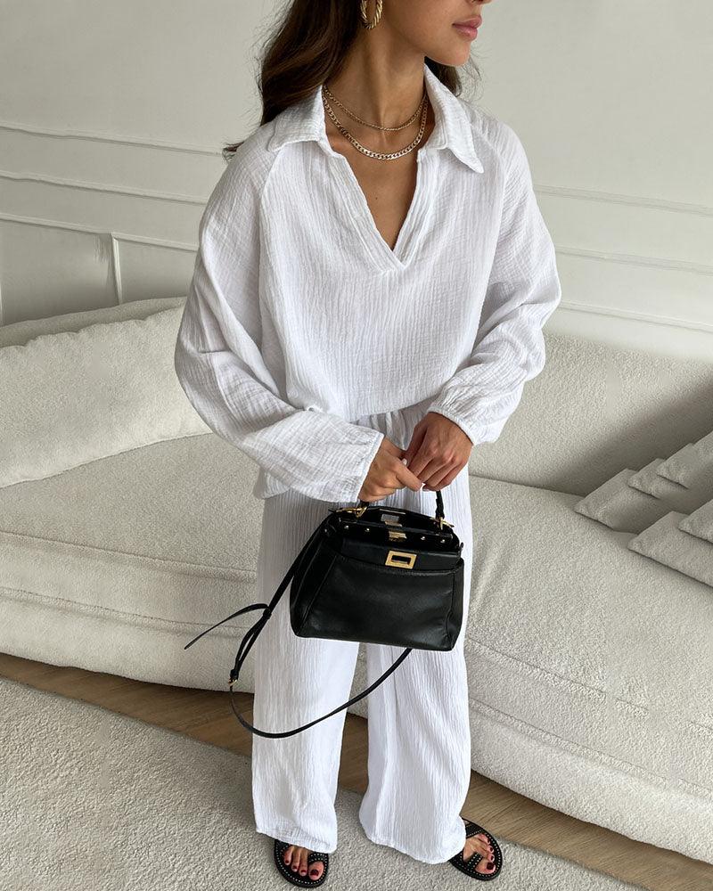 Autumn Casual V-Neck Two-Piece Set for Women - Comfortable Polyester Loungewear