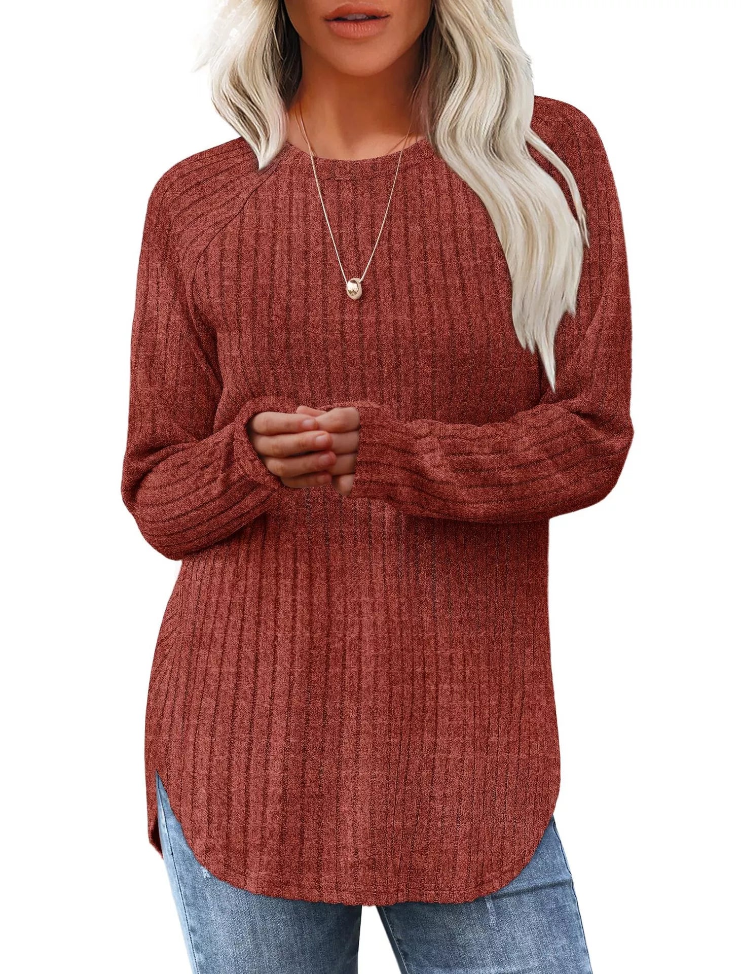 Casual Ribbed Knit Long Sleeve T-Shirt
