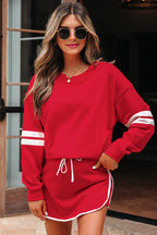 Fiery Red Varsity Stripe Detail Drop Shoulder Pullover Mini Skirt Set