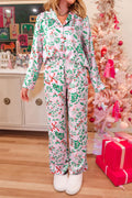 Luxurious Pink Christmas Berries Plant Print Satin Long Sleeve Pajama Set for Ultimate Comfort