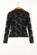 Black Sheer Floral Lace Mesh Mock Neck Long Sleeve Top