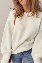White Flower Detail Round Neck Contrast Textured Puff Sleeve Sweater