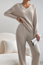 Women's Ribbed V-Neck Top and Pants Loungewear Set - Comfortable & Stylish