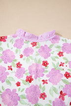 Pink Floral Print Striped Trim Frilled Neck 3/4 Sleeve Flared Mini Dress