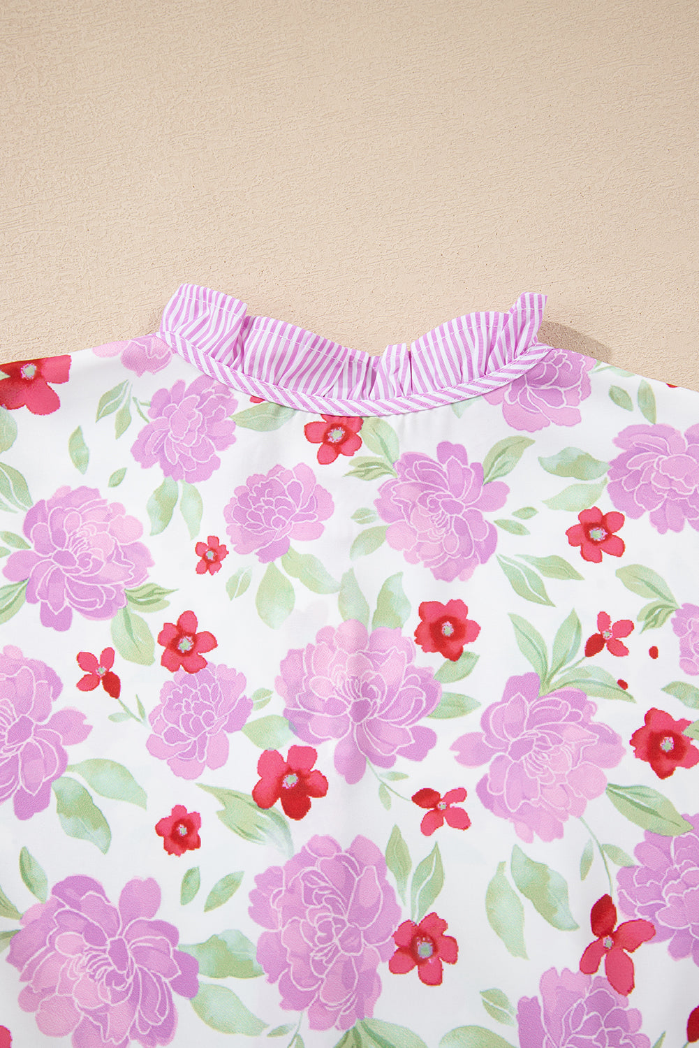 Pink Floral Print Striped Trim Frilled Neck 3/4 Sleeve Flared Mini Dress