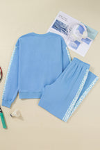 Beau Blue Floral Patchwork Drop Shoulder Pullover & Sweatpants Lounge Set - Cozy & Chic Loungewear