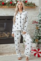 Elegant White Bows Print Two-Piece Sleepwear Set - Long Sleeve Collar Top & High Waist Pants