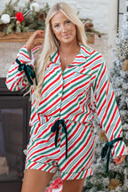 Cozy Green Stripe Contrast Velvet Ribbon Knot Pajama Set - 2-Piece Sleepwear