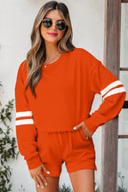 Orange Varsity Striped Sleeve Drop Shoulder Sweatshirt and Short Set